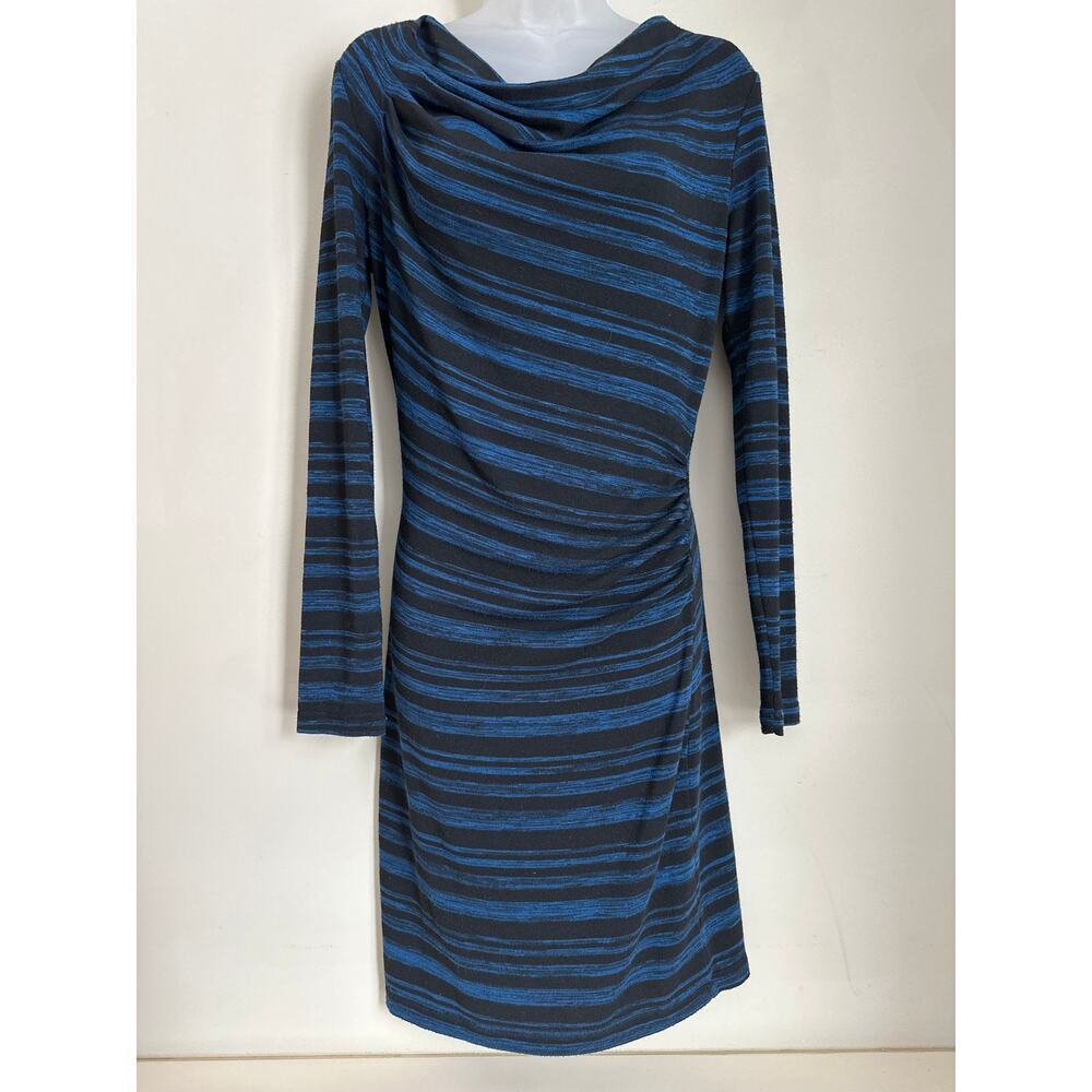 Max Studio Blue Black Y2K Long Sleeve Cowl Neck Ruched Sheath Dress Women Size S